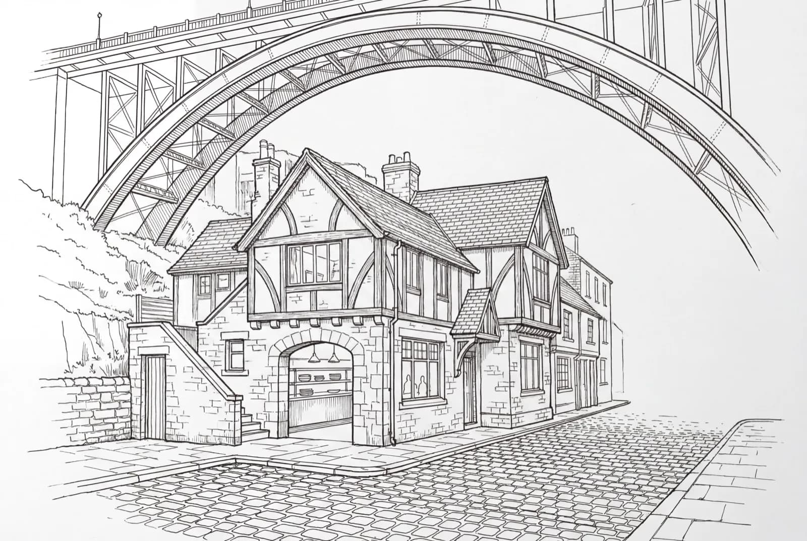 Illustration of a Tudor pub beneath a railway bridge