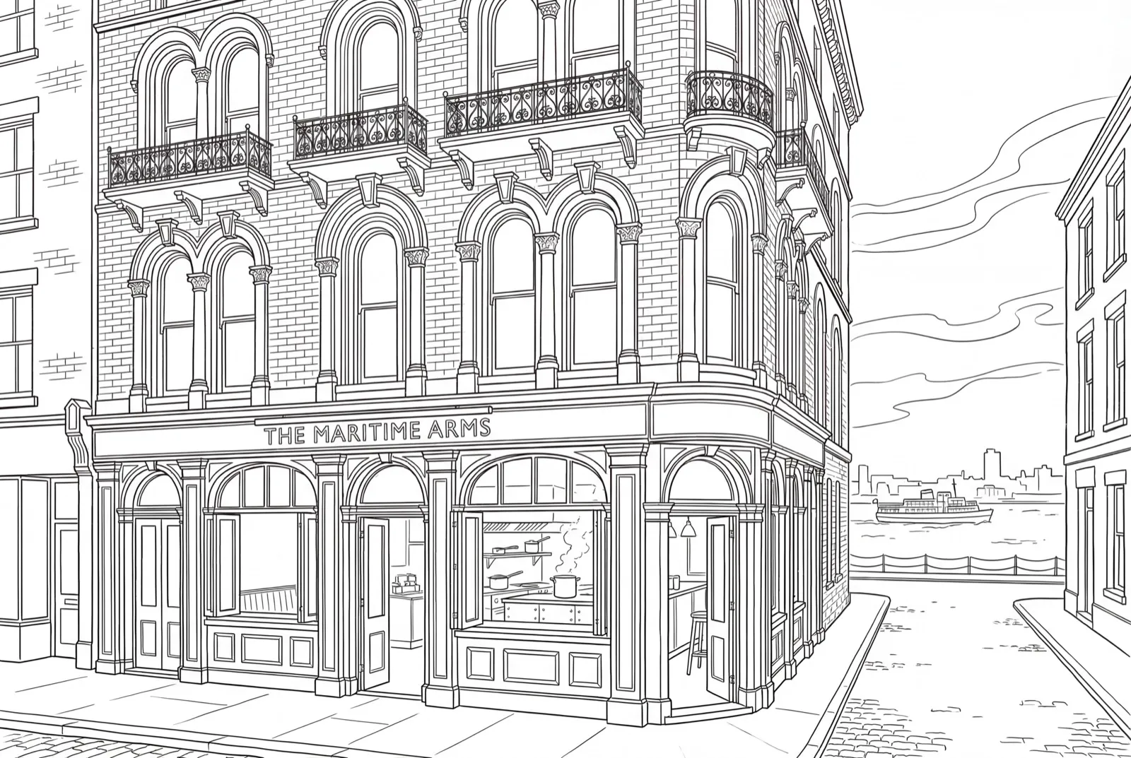 Illustration of a traditional Victorian pub — The Maritime Arms