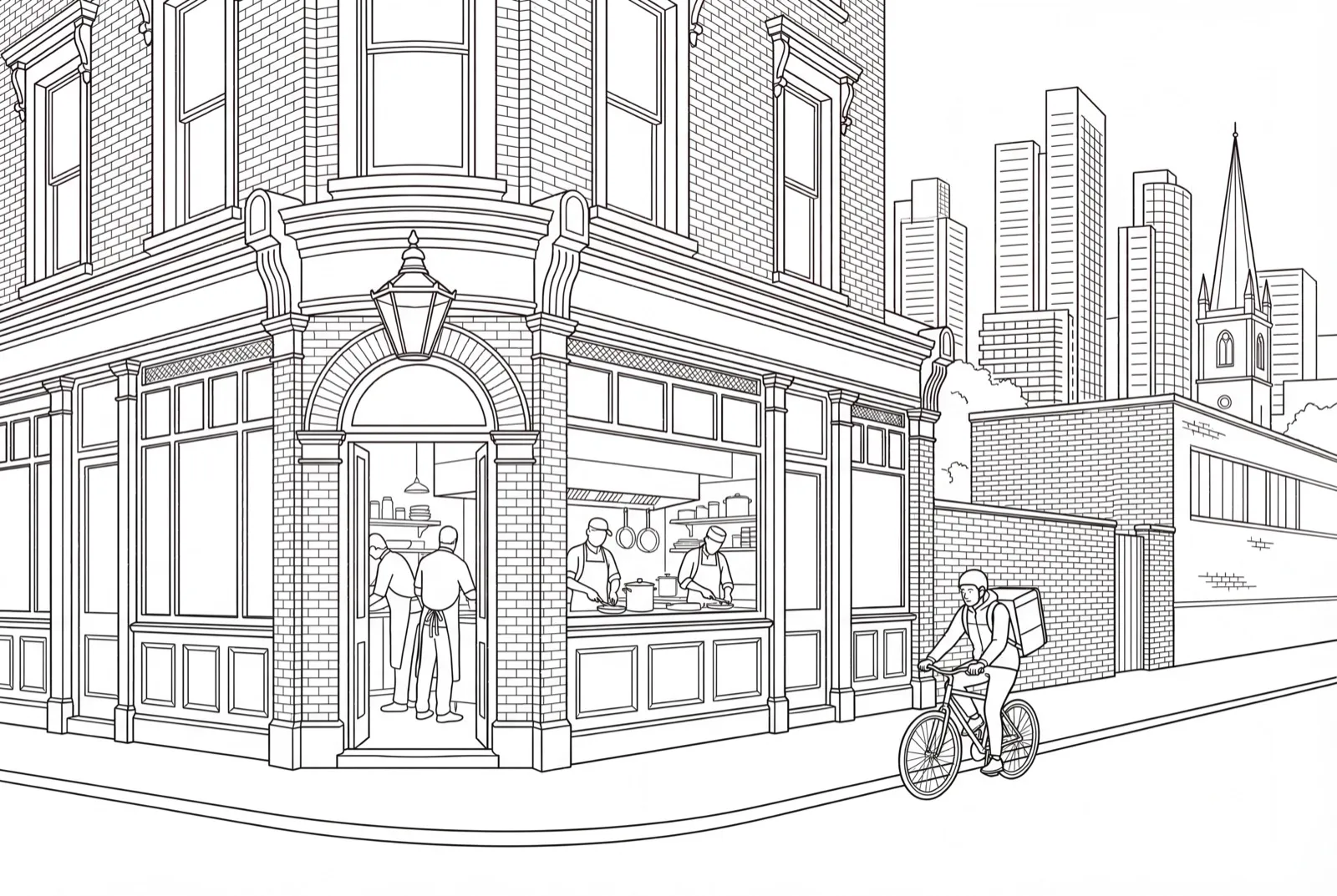 Illustration of a traditional British pub with kitchen